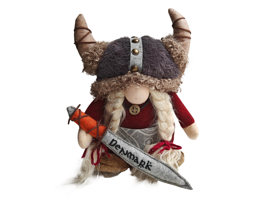 Viking I Stof Rød Kvinde Med sværd Stor 26 cm.